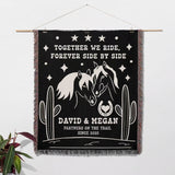Romantic western 2nd anniversary gift - woven throw blanket with horse design and personalized text as a wall hanging on a white background