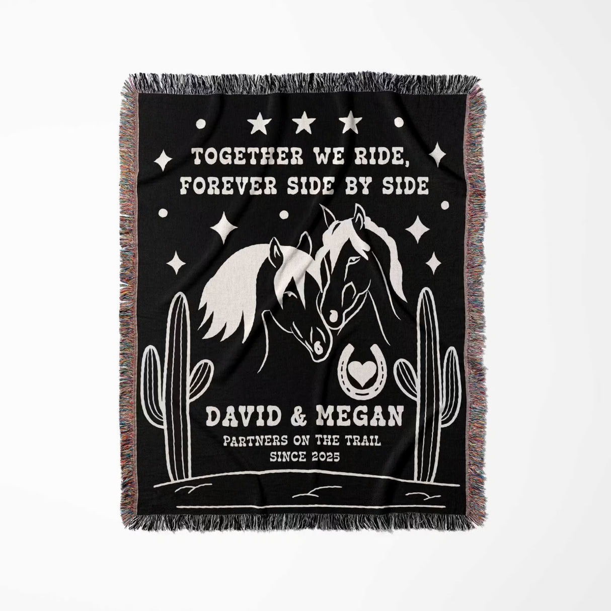 Romantic western 2nd anniversary gift - woven throw blanket full view with white horse design and personalized text on a white background