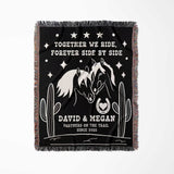 Romantic western 2nd anniversary gift - woven throw blanket full view with white horse design and personalized text on a white background