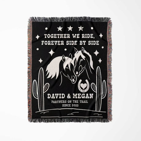 Romantic western 2nd anniversary gift - woven throw blanket full view with white horse design and personalized text on a white background