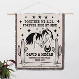 Romantic western cotton anniversary gift - woven throw blanket as a wall hanging with horses, cacti, and text on a white background