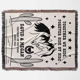 Romantic western cotton anniversary gift - woven throw blanket flat lay with black and white graphic design featuring text and horse imagery on a beige background.
