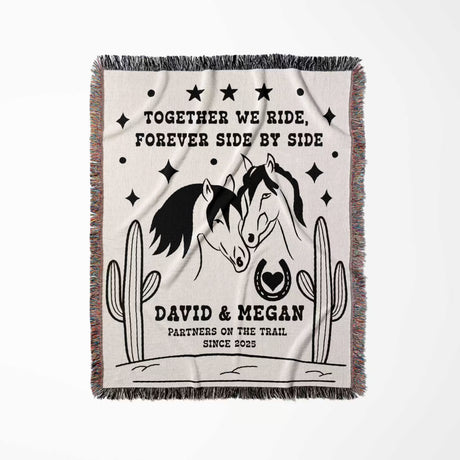 Romantic western cotton anniversary gift - woven throw blanket full view with horse design, text, and cacti on a white background