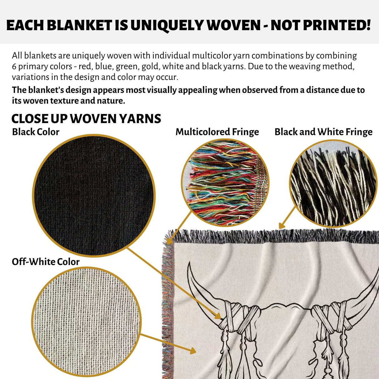 Product description of rustic bull skull cotton anniversary gift woven throw blanket with close-up details and color options.