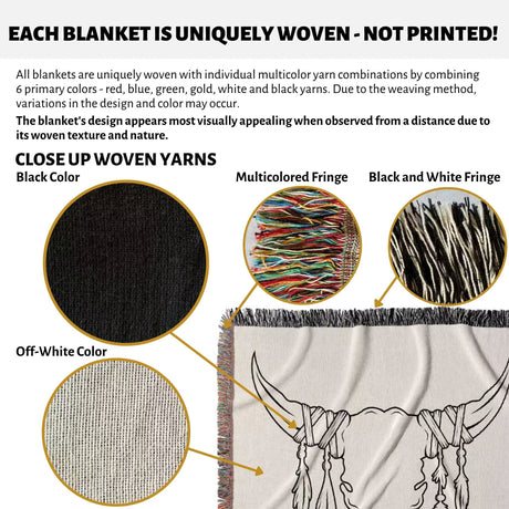 Product description of rustic bull skull cotton anniversary gift woven throw blanket with close-up details and color options.