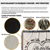 Text and close-up images of rustic Mr and Mrs 2nd year anniversary gift woven throw blanket with text about uniqueness of weaving.