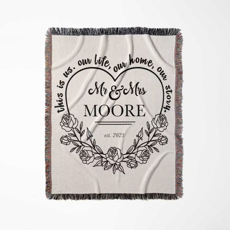 Rustic Mr and Mrs 2nd year anniversary gift woven throw blanket with floral design and text flat lay on a white background