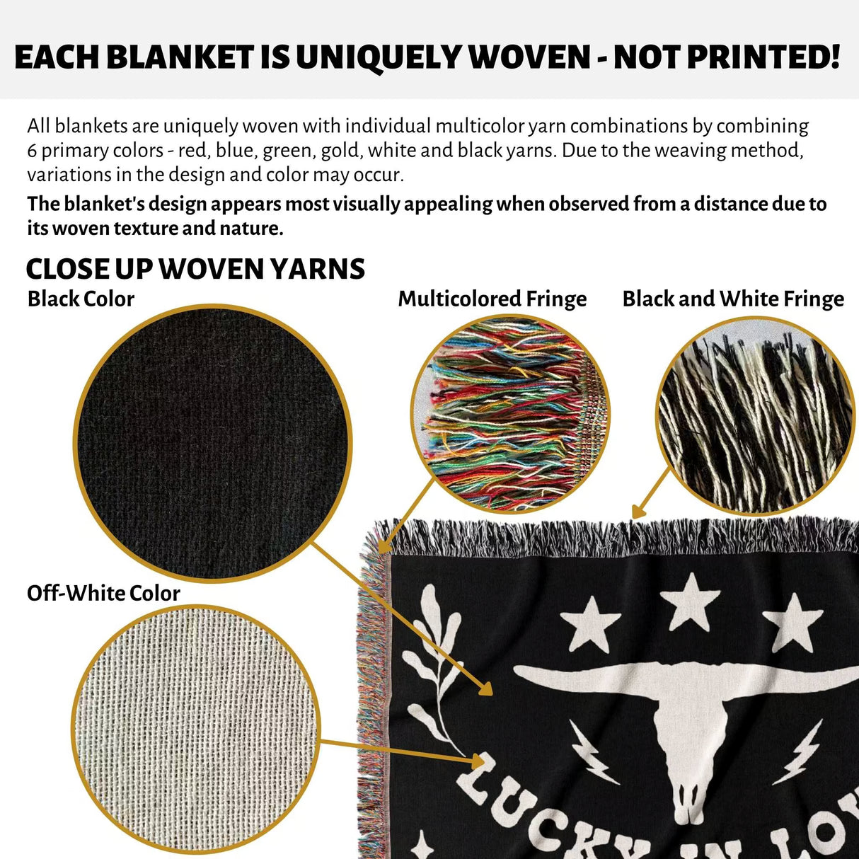 Rustic western 2nd anniversary gift woven throw blanket with woven texture details and a black and white design, featuring multicolor yarns.