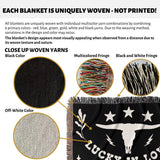 Rustic western 2nd anniversary gift woven throw blanket with woven texture details and a black and white design, featuring multicolor yarns.