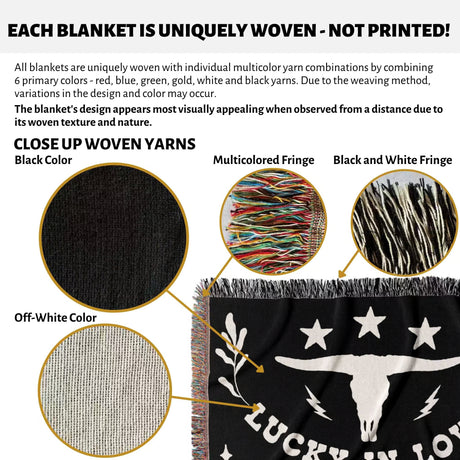 Rustic western 2nd anniversary gift woven throw blanket with woven texture details and a black and white design, featuring multicolor yarns.