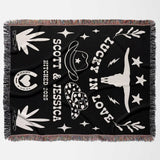 Rustic western 2nd anniversary gift woven throw blanket flat lay with white text and graphics, including 'Scott & Jessica', 'Hitched 2025', and decorative elements.