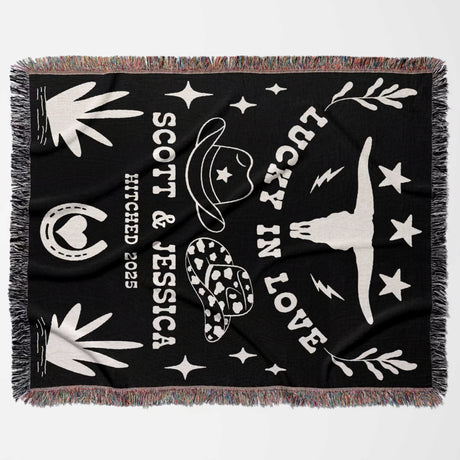 Rustic western 2nd anniversary gift woven throw blanket flat lay with white text and graphics, including 'Scott & Jessica', 'Hitched 2025', and decorative elements.