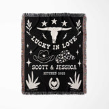 Rustic western 2nd anniversary gift woven throw blanket full view with white designs and text on a white background