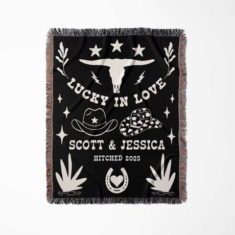 Rustic western 2nd anniversary gift woven throw blanket full view with white designs and text on a white background