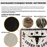 Text and close-up images of rustic western cotton anniversary gift woven throw blanket featuring a longhorn bull design.
