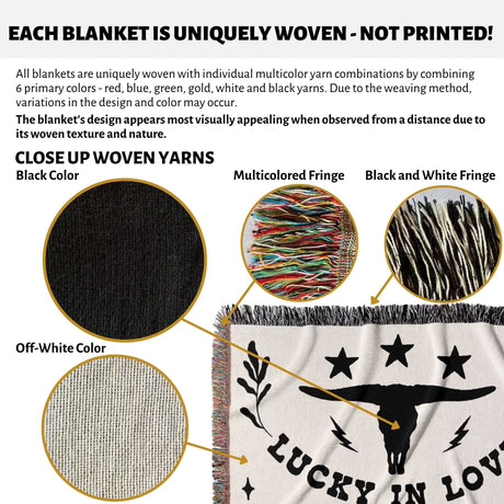 Text and close-up images of rustic western cotton anniversary gift woven throw blanket featuring a longhorn bull design.