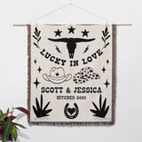 Rustic western cotton anniversary gift woven throw blanket wall hanging with cowboy-themed design and text on a white background