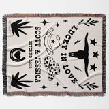 Rustic western cotton anniversary gift woven throw blanket flat lay with black graphics and text on a white background