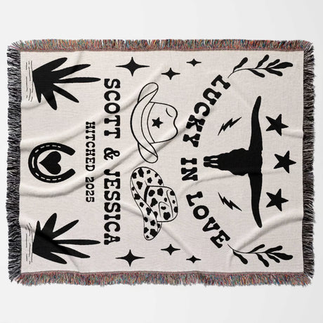 Rustic western cotton anniversary gift woven throw blanket flat lay with black graphics and text on a white background