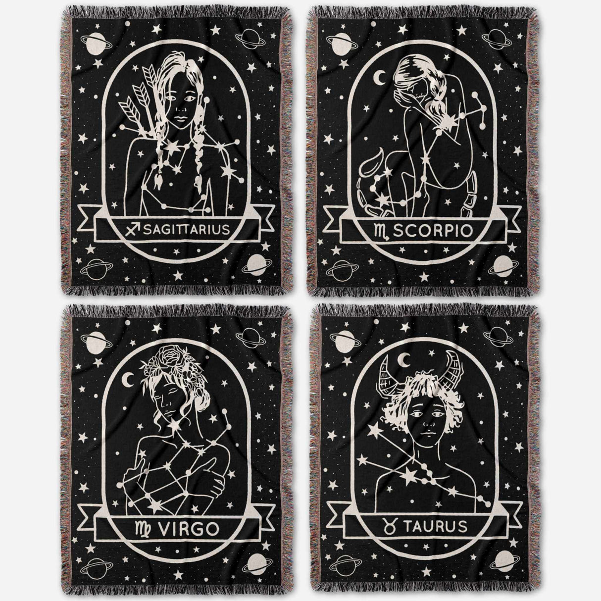 This image shows a flat lay of Sagittarius Zodiac Sign Blanket, Scorpio Zodiac Sign Blanket, Virgo Zodiac Sign Blanket, Taurus Zodiac Sign Blanket. Unique astrology gift for zodiac lovers. 