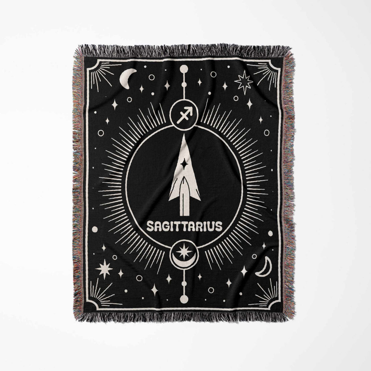 The blanket is laid out flat in a vertical orientation, highlighting the detailed Sagittarius design in the center with a black and white color scheme, surrounded by stars, moons, and other celestial symbols.