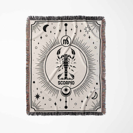 A vertical flat view of the Scorpio Zodiac Blanket featuring a striking black Scorpio design on a neutral woven background. This detailed image highlights the craftsmanship and artistic design, making it an ideal unique birthday gift for both women and men.