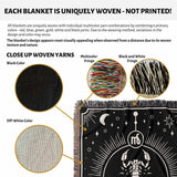 A detailed view showcasing the multicolor yarns used in the Scorpio Zodiac Blanket. Highlighting the black color, off-white color, multicolor fringe, and black and white fringe. The blanket features a uniquely woven Scorpio design that is not printed, with a close-up on the intricate weaving patterns and texture.