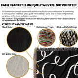 Product description of black and white scribble lined woven blanket throw with fringe with close-up details and color options.