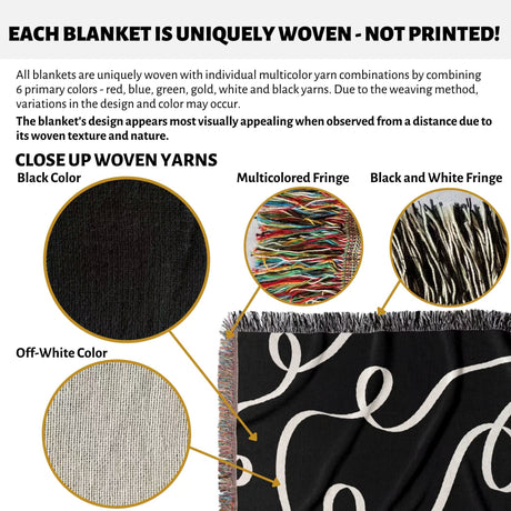 Product description of black and white scribble lined woven blanket throw with fringe with close-up details and color options.