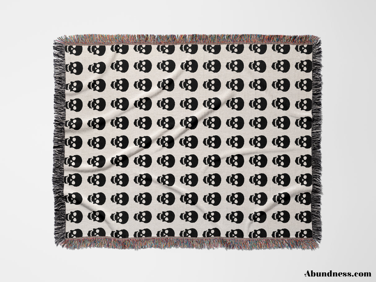 Simple Goth Skull Pattern Black and White Woven Throw Blanket and Tapestry