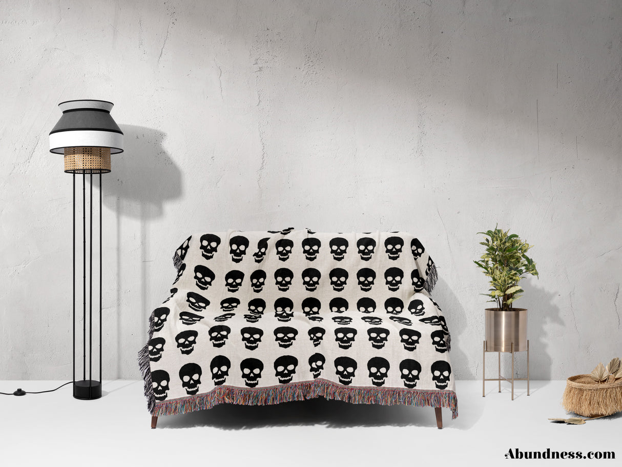 Simple Goth Skull Pattern Black and White Woven Throw Blanket and Tapestry