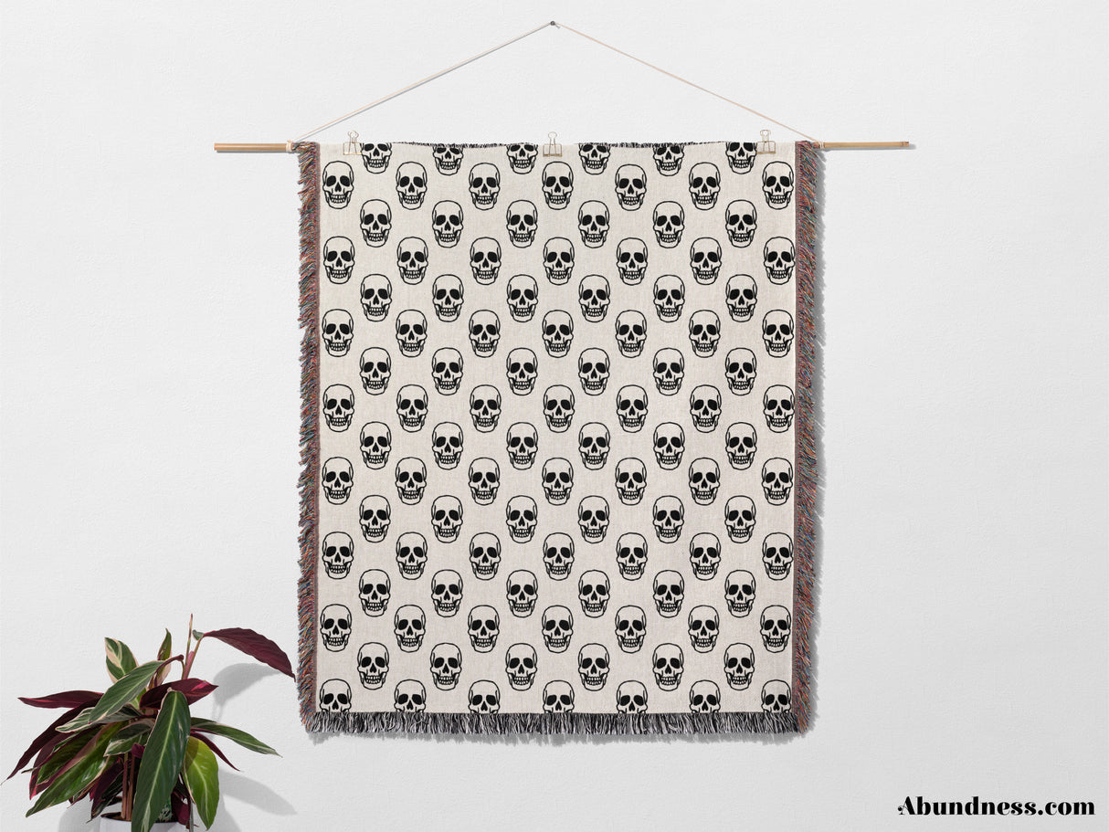 Simple Skull Black and White Goth Woven Throw Blanket and Tapestry