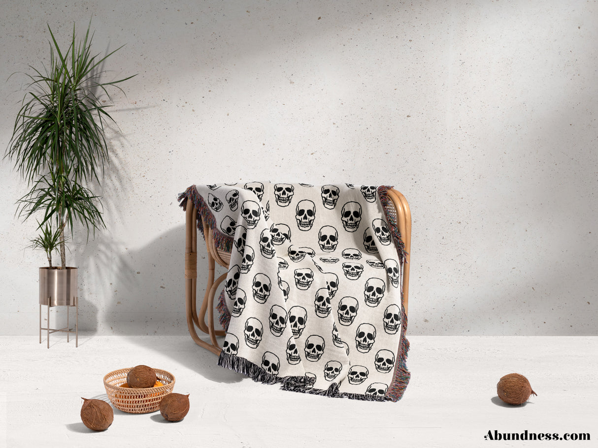 Simple Skull Black and White Goth Woven Throw Blanket and Tapestry