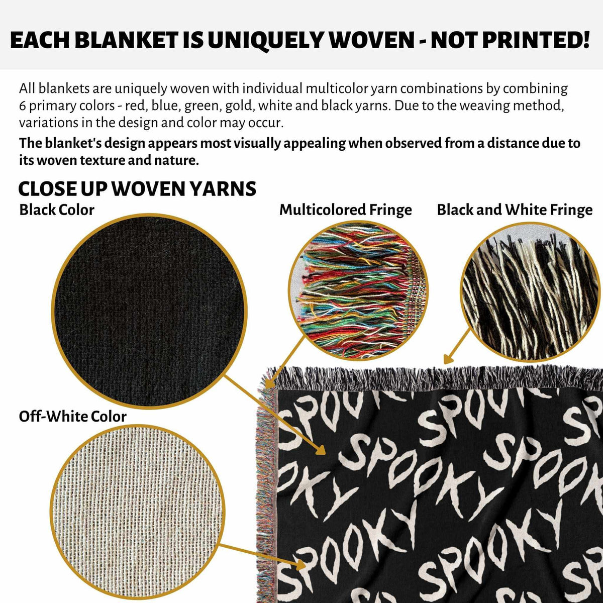 Textile product with 'Spooky' text, close-up of woven yarns, and multicolored fringe.