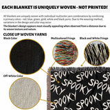 Textile product with 'Spooky' text, close-up of woven yarns, and multicolored fringe.