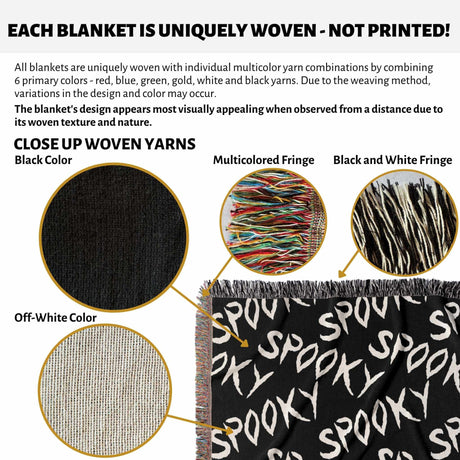 Textile product with 'Spooky' text, close-up of woven yarns, and multicolored fringe.
