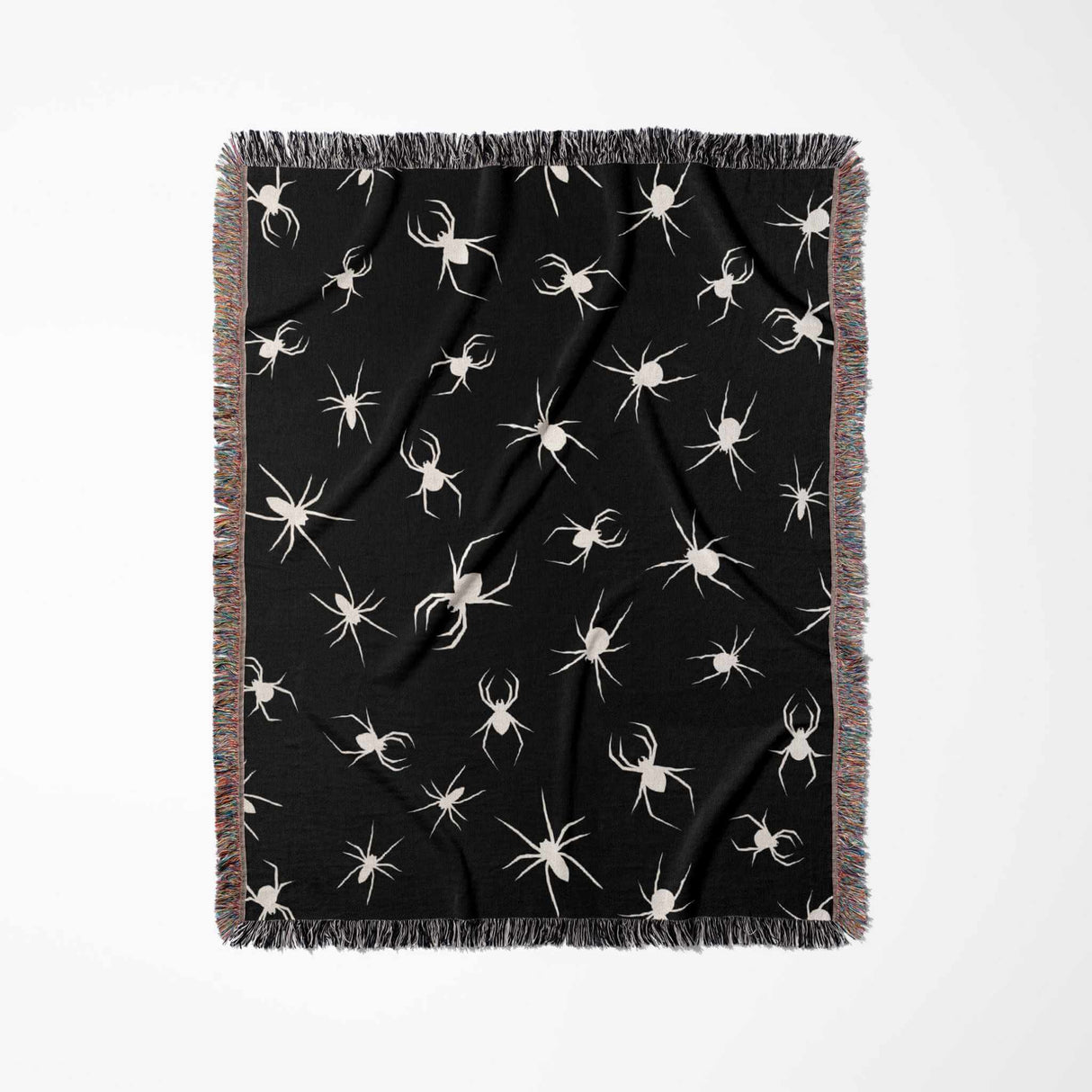 Spooky spiders halloween woven throw blanket on a white background