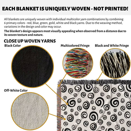 Product description of black and white swirls patterned woven blanket throw with fringe with close-up details and color options.