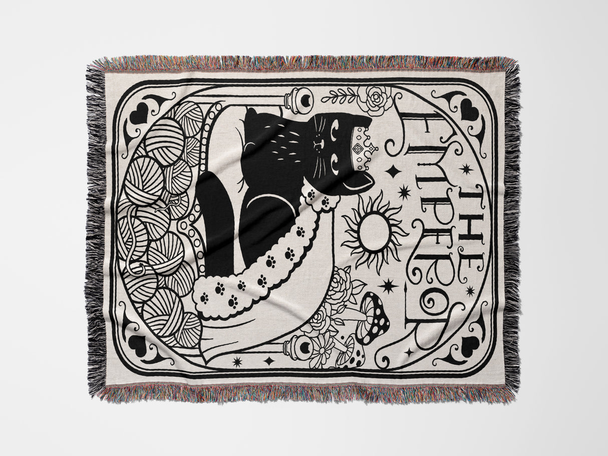 Tarot Card Black Cat The Emperor Black and White Woven Throw Blanket and Tapestry