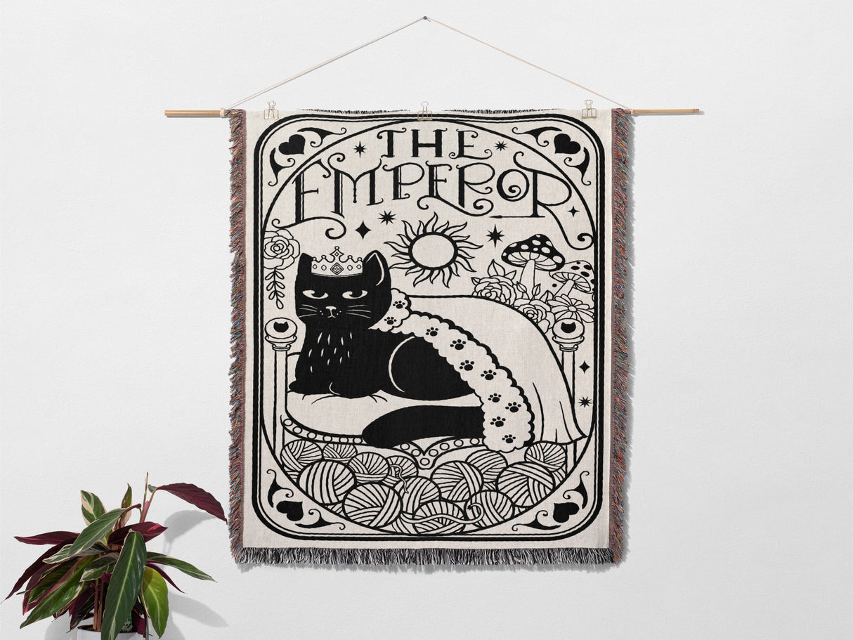 Tarot Card Black Cat The Emperor Black and White Woven Throw Blanket and Tapestry