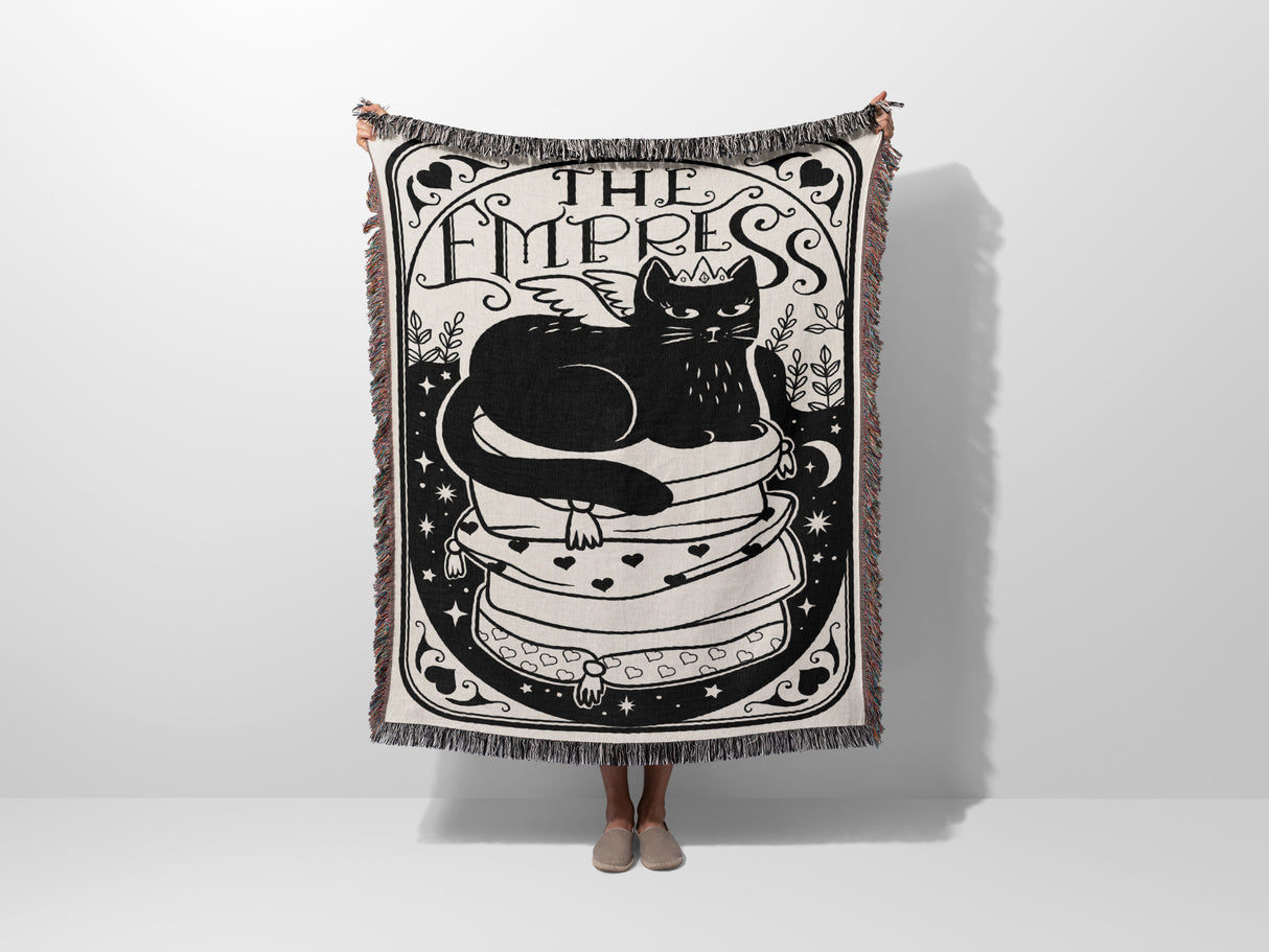 Tarot Card Black Cat The Empress Black and White Woven Throw Blanket and Tapestry