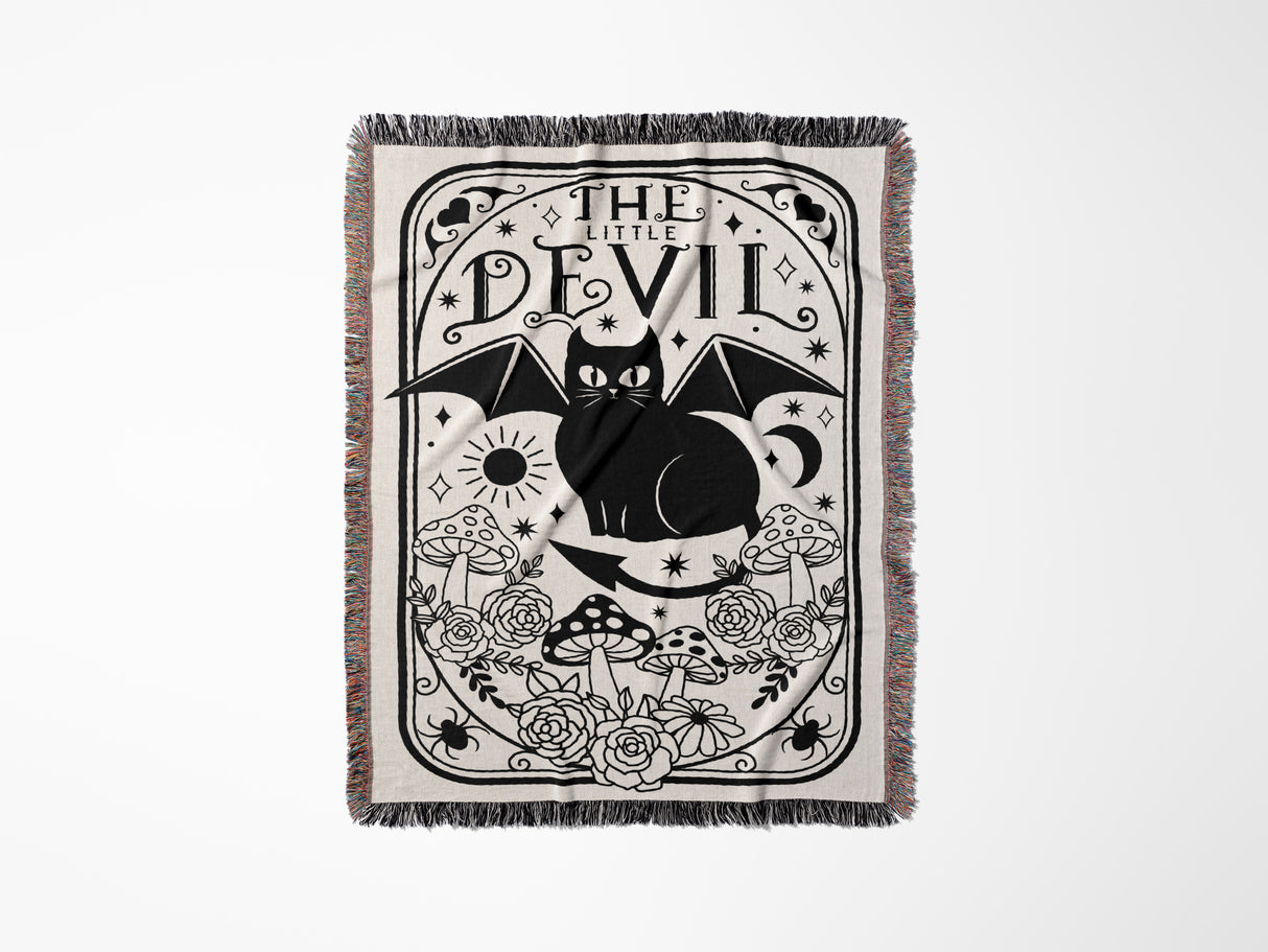 Tarot Card Black Cat The Little Devil Black and White Woven Throw Blanket and Tapestry