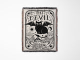 Tarot Card Black Cat The Little Devil Black and White Woven Throw Blanket and Tapestry