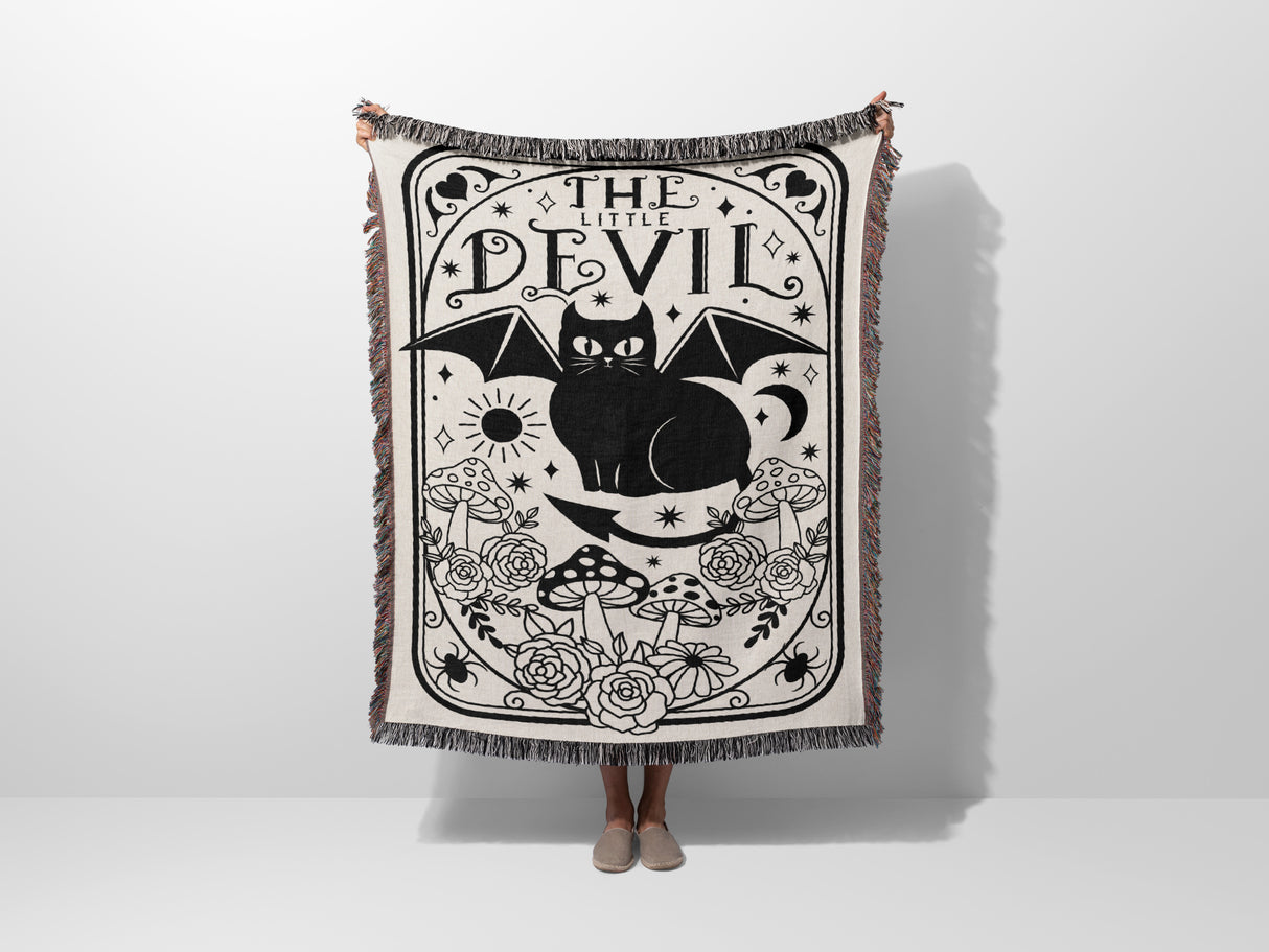 Tarot Card Black Cat The Little Devil Black and White Woven Throw Blanket and Tapestry