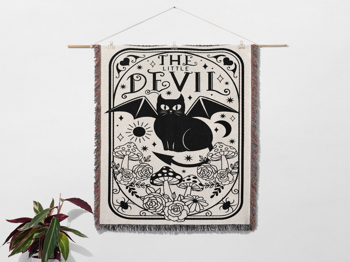 Tarot Card Black Cat The Little Devil Black and White Woven Throw Blanket and Tapestry