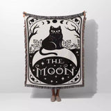 Tarot Card Black Cat The Moon Black and White Woven Throw Blanket and Tapestry - DesignerOllie.com