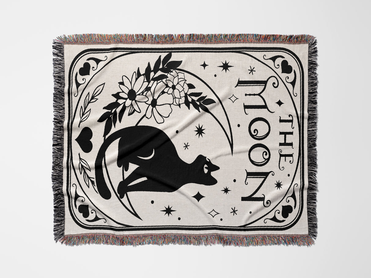 Tarot Card Black Cat The Moon Monochrome Woven Throw Blanket and Tapestry