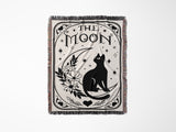 Tarot Card Black Cat The Moon Monochrome Woven Throw Blanket and Tapestry