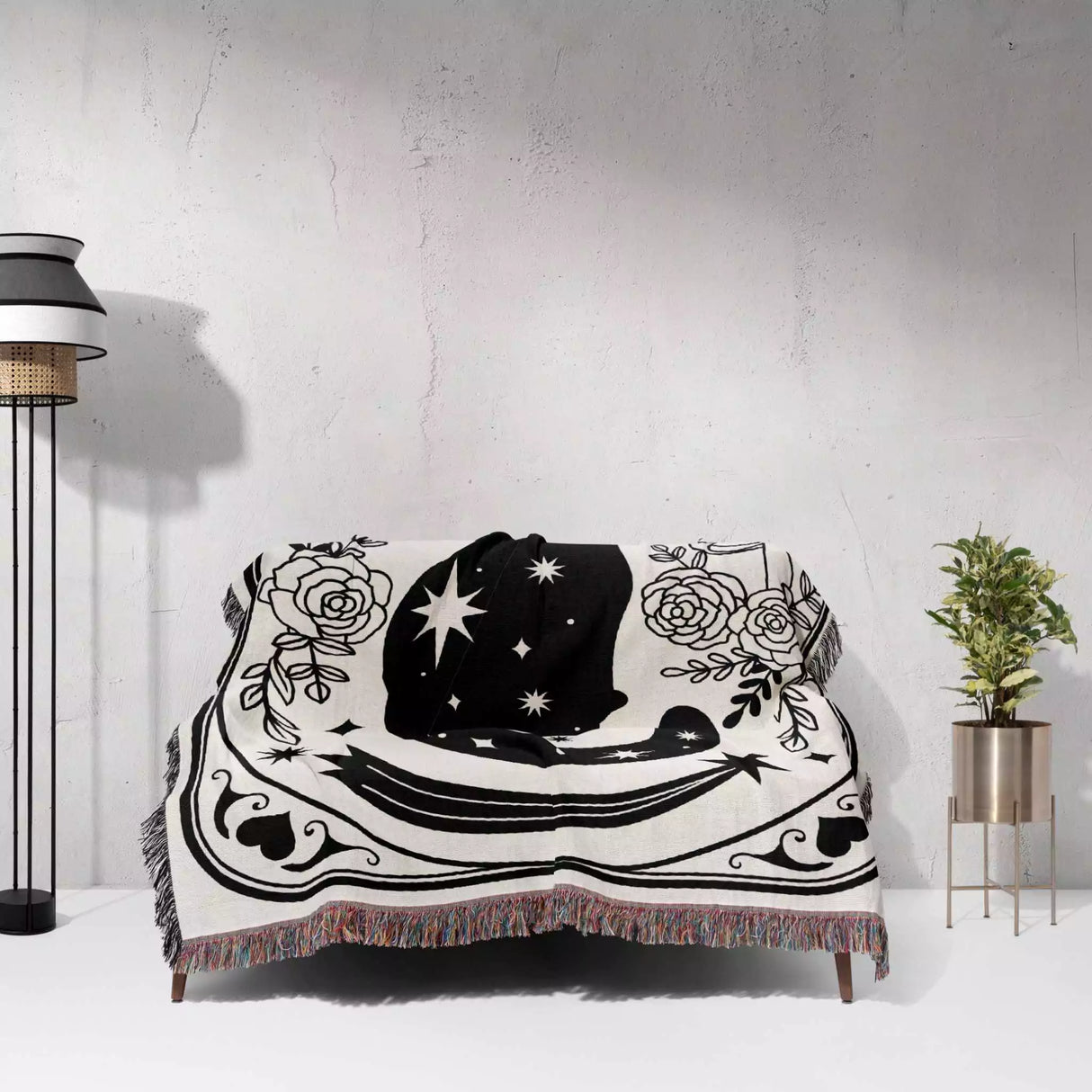 Tarot Card Black Cat The Star Black and White Woven Throw Blanket and Tapestry - DesignerOllie.com