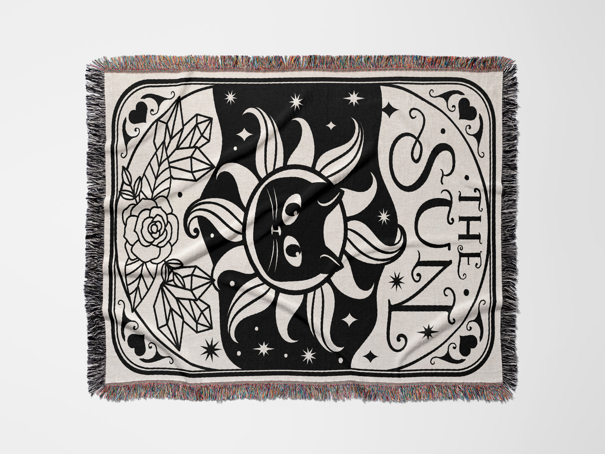 Tarot Card Black Cat The Sun Black and White Woven Throw Blanket and Tapestry